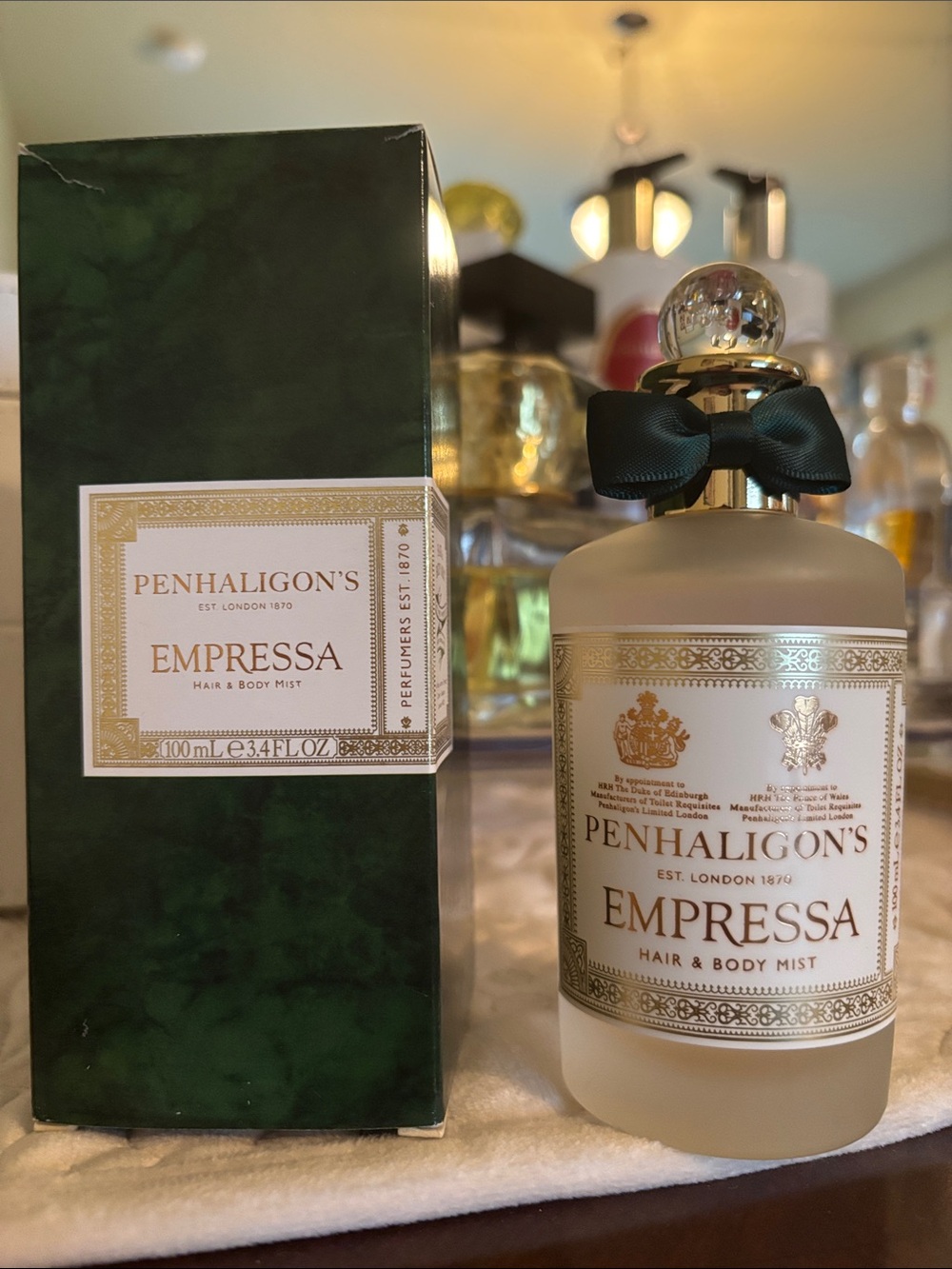 Penhaligon's Empressa Hair & Body Mist — Frosted White Bottle with Green Bow